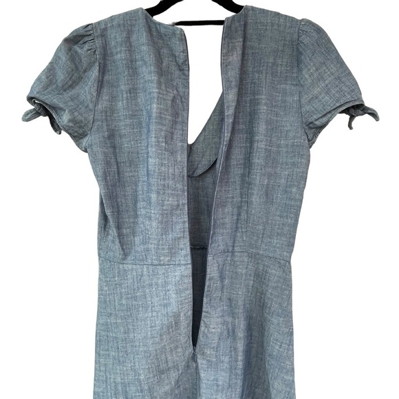 J. Crew Short Sleeve V-Neck Faux Wrap Ruffle Chambray Mini Dress Preppy - Sz 00 - Picture 11 of 15